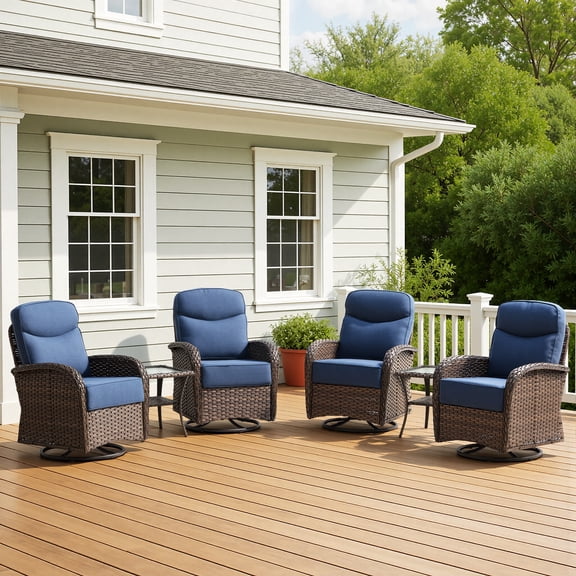 POCASSY 5 Pieces Patio Furniture Set, 6" Thick Cushion Wicker Patio Conversation Set with Swivel Rocking Patio Chairs, Outdoor Couch, High Back Patio Set with Glass Top Coffee Table for Outside