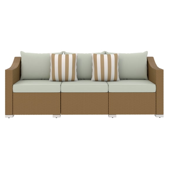 Rattan Patio Sofa, 3-Seater Outdoor Couch with Cushions & Pillows, Light Gray Wicker Furniture for Patio, Deck, Backyard, Modern Garden Seating