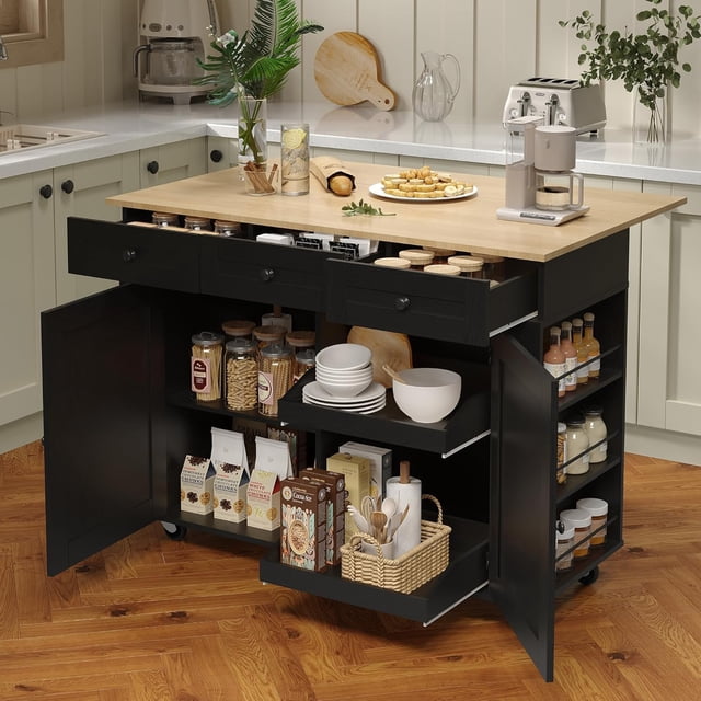 Rolling Kitchen Island with Drop Leaf Countertop, Charging Station & Ample Storage 47.2 in Mobile Kitchen Cart On Wheels with Pull Out Shelves, Drawers, Spice Rack & Organizer Divider