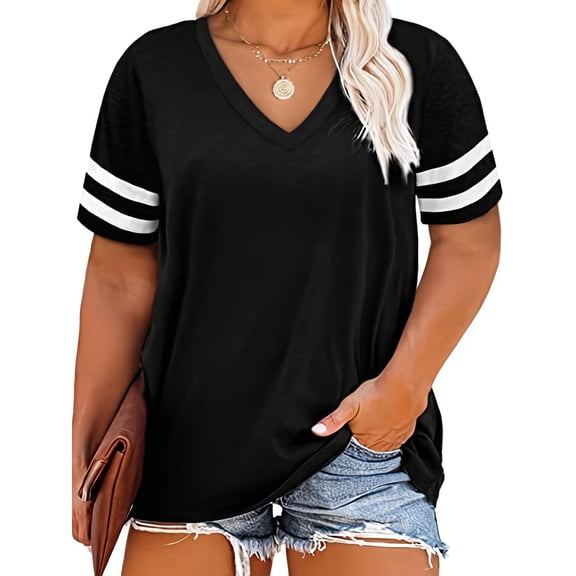Casual Summer Tops for Women V Neck T Shirts Short Sleeve Tunic Tops Loose Fit Women's Striped Strappy V-neck Color-Plaid T-shirt