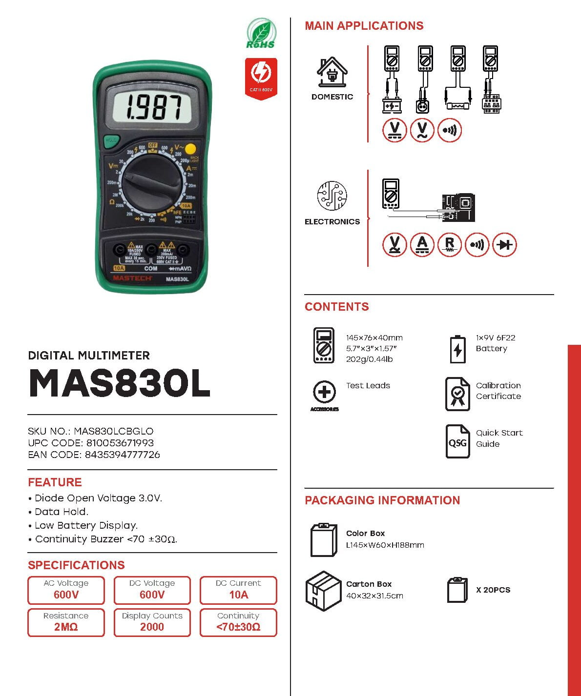 MASTECH MAS830L Digital Multimeter Display 2000 counts;Continuity Buzzer Less than 70 ±30ΩLow Battery Display(MAS830L)