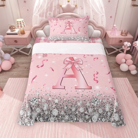 Erosebridal Dreamy Glitters Print Twin Sheet Sets for Girls, Pink Bling A Letter Bedding, 3pcs, 1 Flat Sheet, 1 Fitted Sheet and 1 Pillowcase
