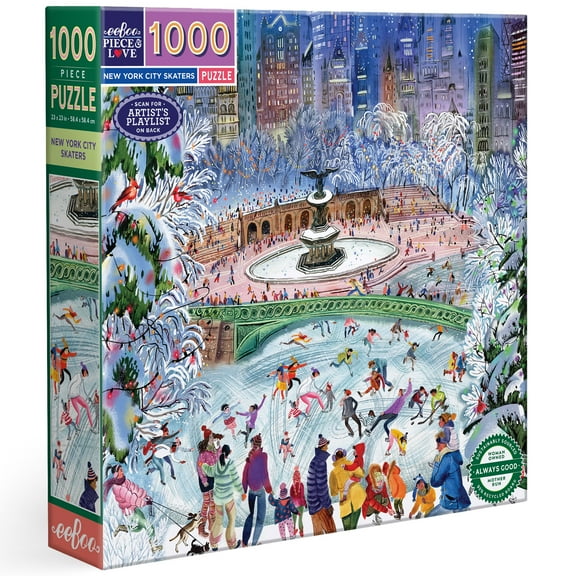 eeBoo Piece & Love: New York City Skaters - 1000 Piece Puzzle - Square Adult Jigsaw, Victoria Tentler-Krylov’s Snowy Central Park Scene, Eco-Friendly