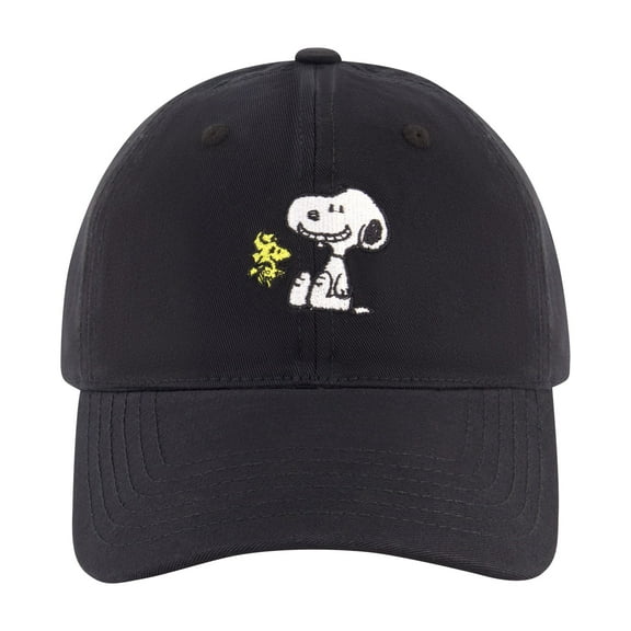Peanuts Dad Hat, Snoopy and Woodstock Cotton Adjustable Adult Men's Baseball Cap with Curved Brim, Black, One Size