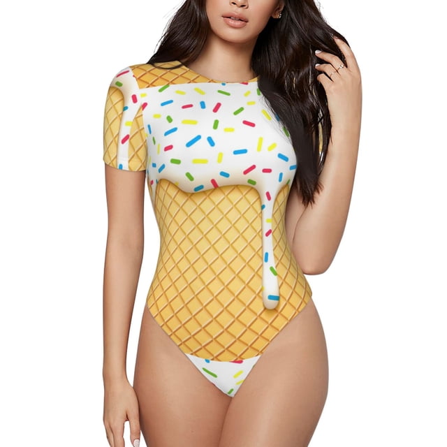 Fotbe White Ice Cream Body de Mujer con Cuello Redondo y Mangas Cortas, Sin Mangas Ajustado, Suave, Cómodo y Básico-Large
