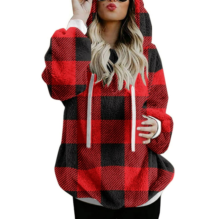 Scyoekwg Fall Womens Sweatshirts Long Sleeve Tops Fall Winter Plush Hooded Plaid Printed Long Sleeve Hoodies Pullover Zipper Coats with Pocket