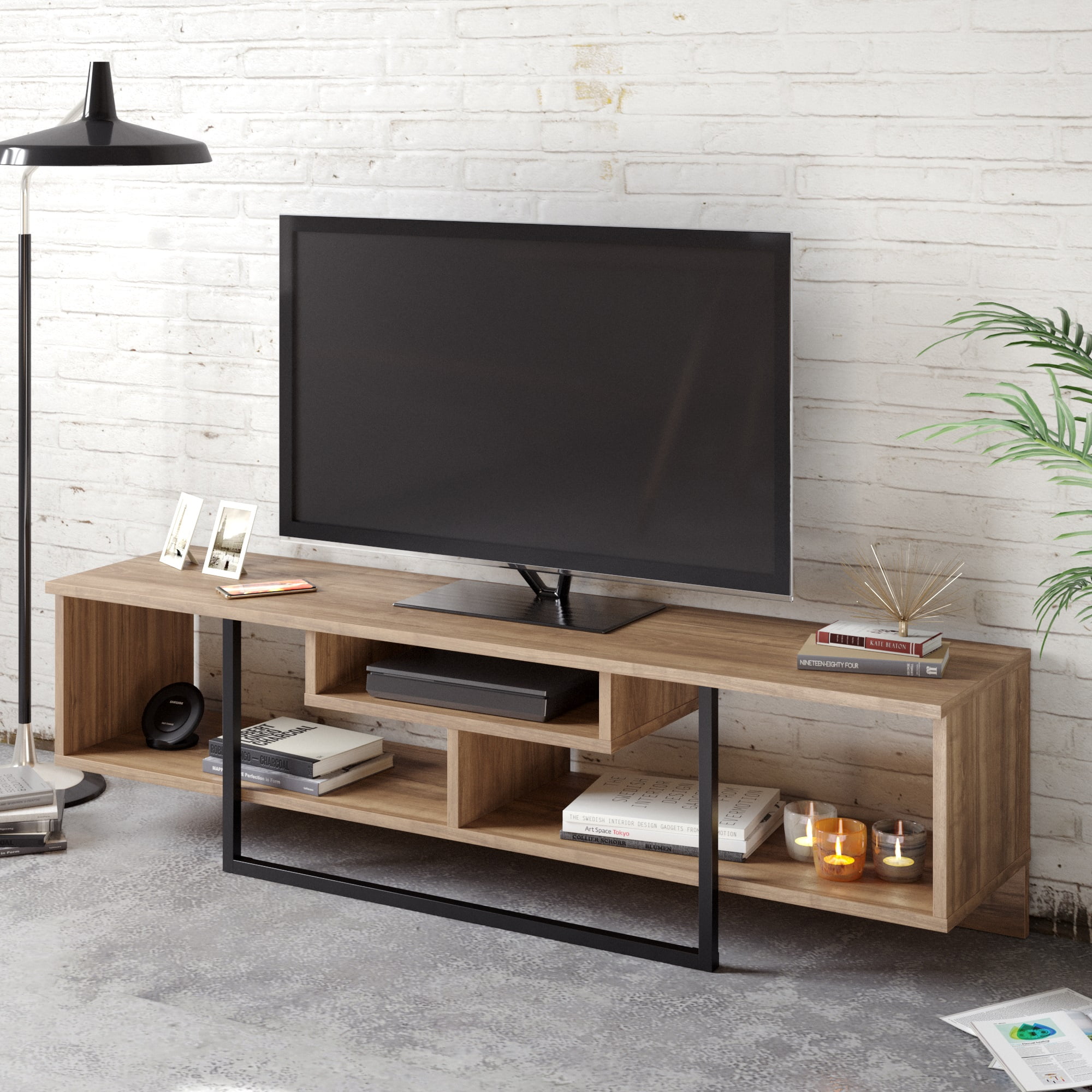 Asal 59" Wide Modern Metal Wood TV Stand, Melamine Finish, Walnut