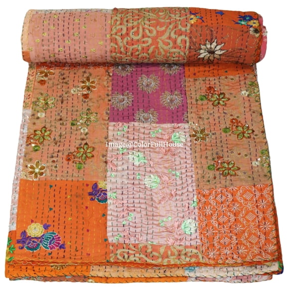 Courtepointe Patchwork Fait Main Indien, Coton Vintage, Kantha Goudri en Soie, Couvre-Lit Décoratif à la Main, Couverture Taille (Simple 60 Pouces x 90 Pouces)