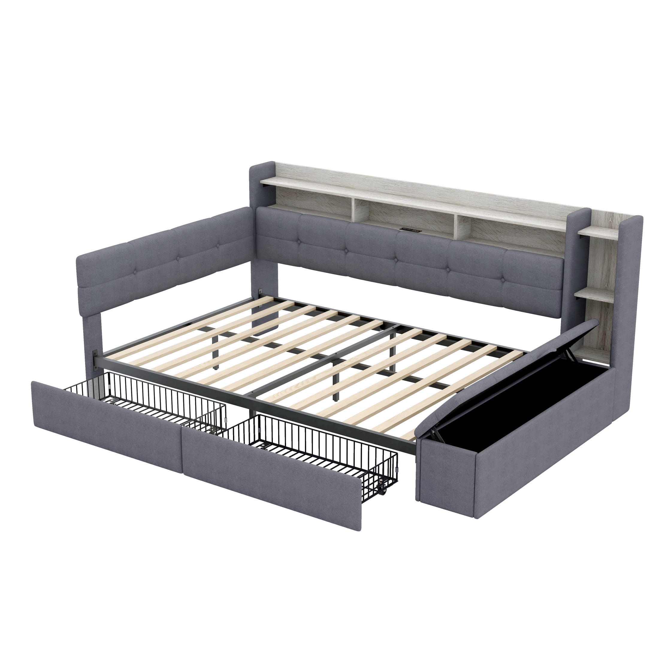 Noble House Brevon Full Size Upholstered Daybed with Extra Drawers, Storage Footstool, USB Port and LED Light, Grey