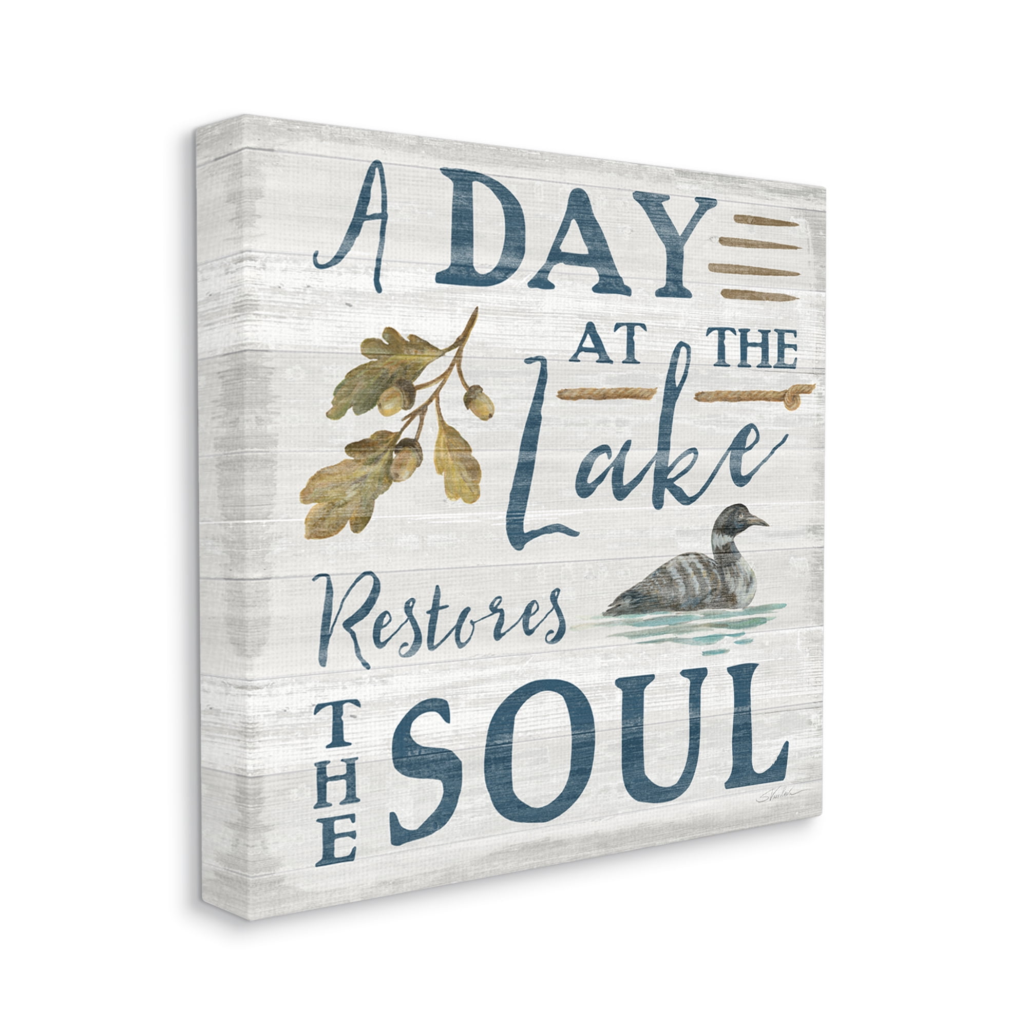 Stupell Industries Day At Lake Restores Soul Rustic Quote Grain Pattern Graphic Art Gallery-Wrapped Canvas Print Wall Art, 36x36, by Silvia Vassileva