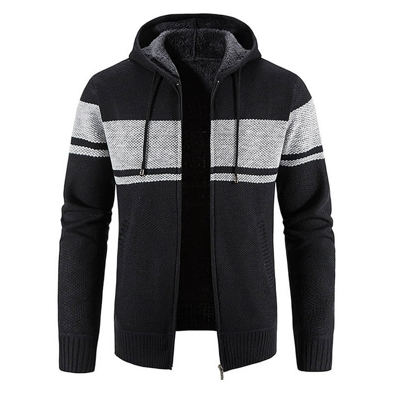 YYDGH Reduced Mens Cardigan Sweater Men s Open Front Cardigan Sweater Full Zip Up Color Block Hoodies Drawstring Knitted Sweater Jacket Coat Black L