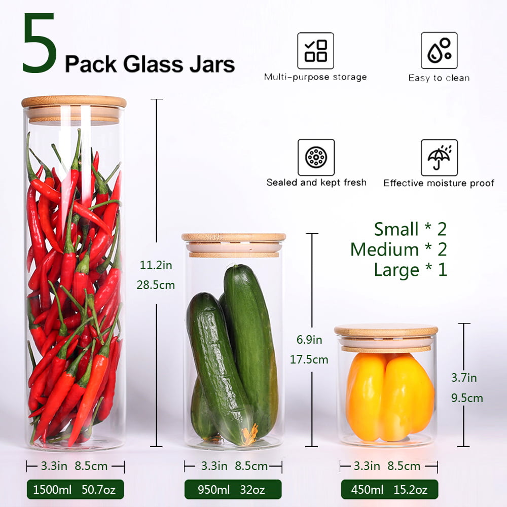 AuroTrends Glass Jars with Bamboo Lids 5Pack, Glass Food Storage Containers  with Lids for Kitchen Storage- Stackable Kitchen Canisters with Stickers