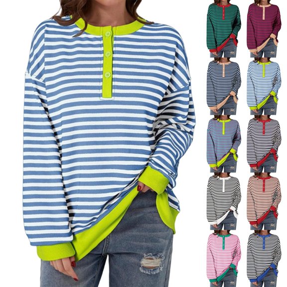 CAIXIA Womens Henley Neck Striped Sweatshirts Oversized Long Sleeve Tops Casual Pullover Tee Shirts Workout Fall Fashion