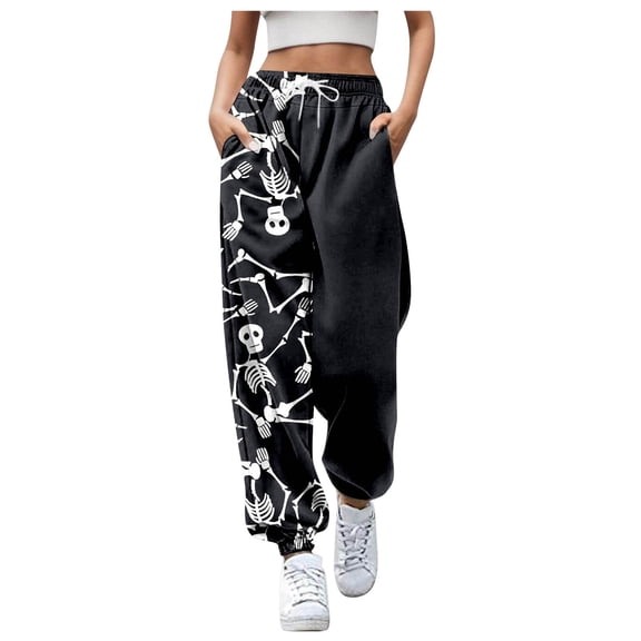 CONZONE Halloween Joggers for Women Baggy High Elastic Waist Drawstring Joggers for Women Wide Leg Hallowmas Printed Fall Winter Sports Pants with Pockets
