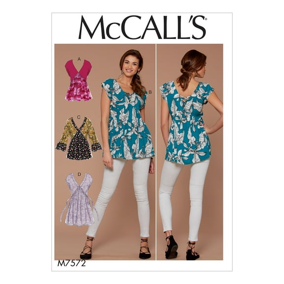McCall's Sewing Pattern Misses' V-Neck, Gathered Tops with Sleeve and Tie Variations-L-XL-XXL