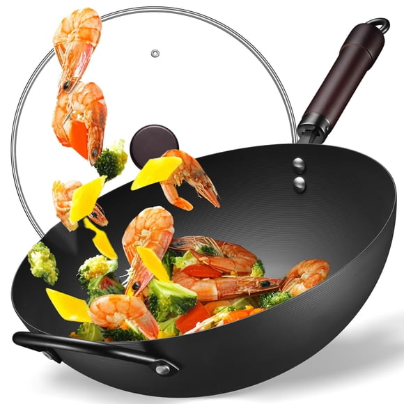 Wok FGJ de acero al carbono, 5,8 L, presazonado, 33 cm, con tapa antiadherente