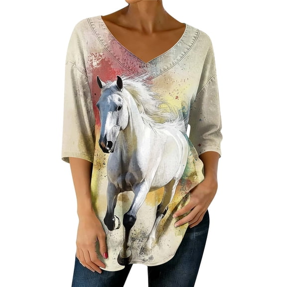 Women's Tops, Tees & Blouses 3/4 Sleeve,Womens Tops Horse Printed 3/4 Sleeve Western Vintage 3D Graphic T Shirts Vneck Funny Gift Shirts Equestrian Cowgirl Blouse