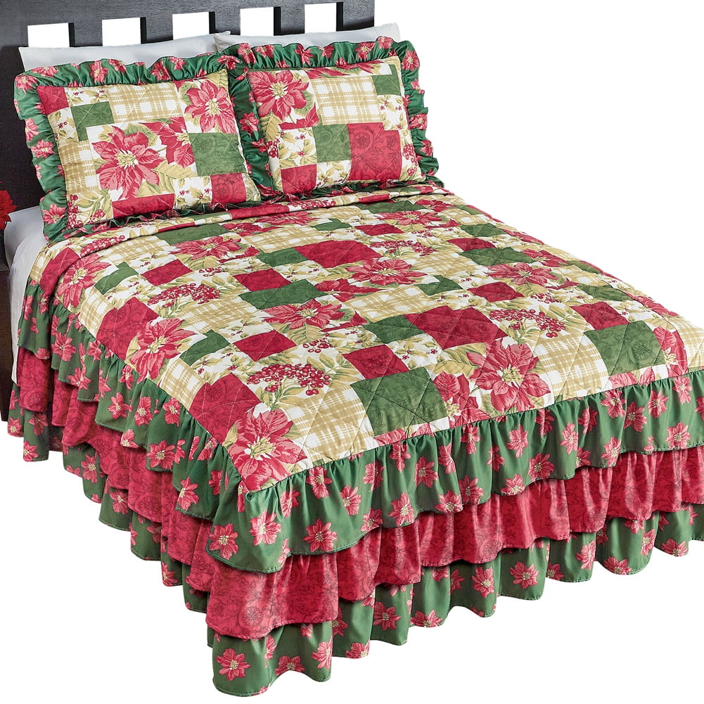 Poinsettia and Plaid Christmas Patchwork Bedspread with 3 Tier Ruffles - Festive Holiday Bedding 
