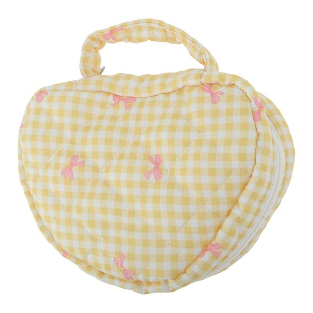 Bolsa de maquillaje con forma de corazón y patrón a cuadros para viajar, poliéster amarillo