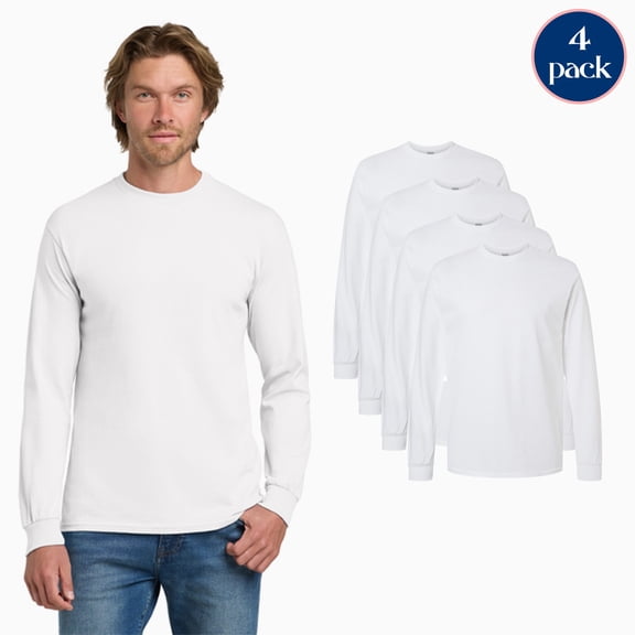 Gildan Men’s Heavy Cotton Crewneck T-Shirt, Long Sleeve Modern Classic Fit White Tee, 4 Pack, S