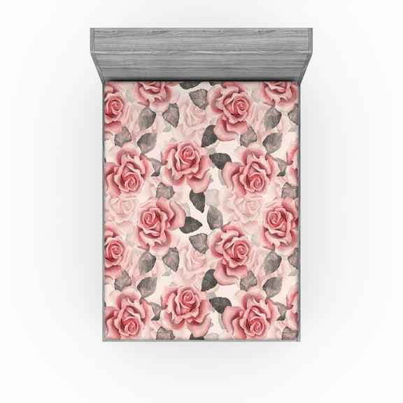 Ambesonne Roses Fitted Sheet, English Garden Floral Artwork, California King, Grey and Pastel Pink
