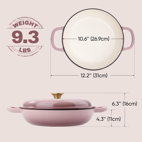 Vintage Style 3 Quart Enameled Cast Iron Braiser, Non Stick Skillet with Lid, Dutch Oven for Oven Stove Grill Shallow Cook Bake (Pink)
