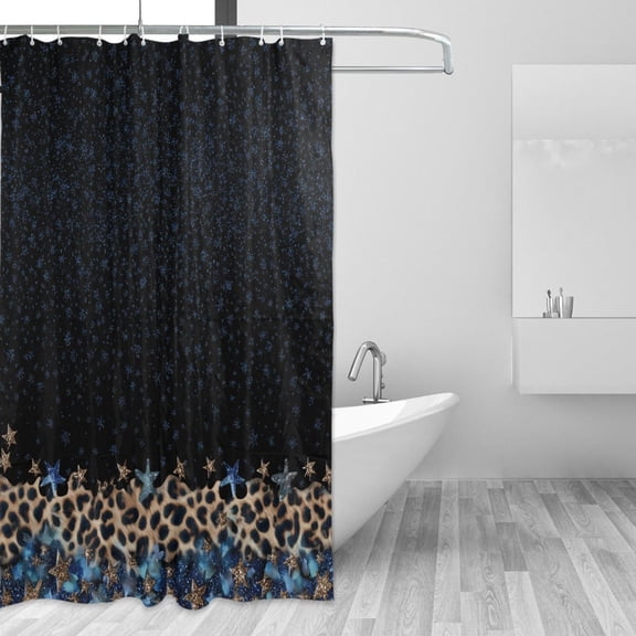Blue Glitter with Leopard Print Stars Shower Curtains with 12 Hooks Waterproof Bathroom Decor 66" x 72"