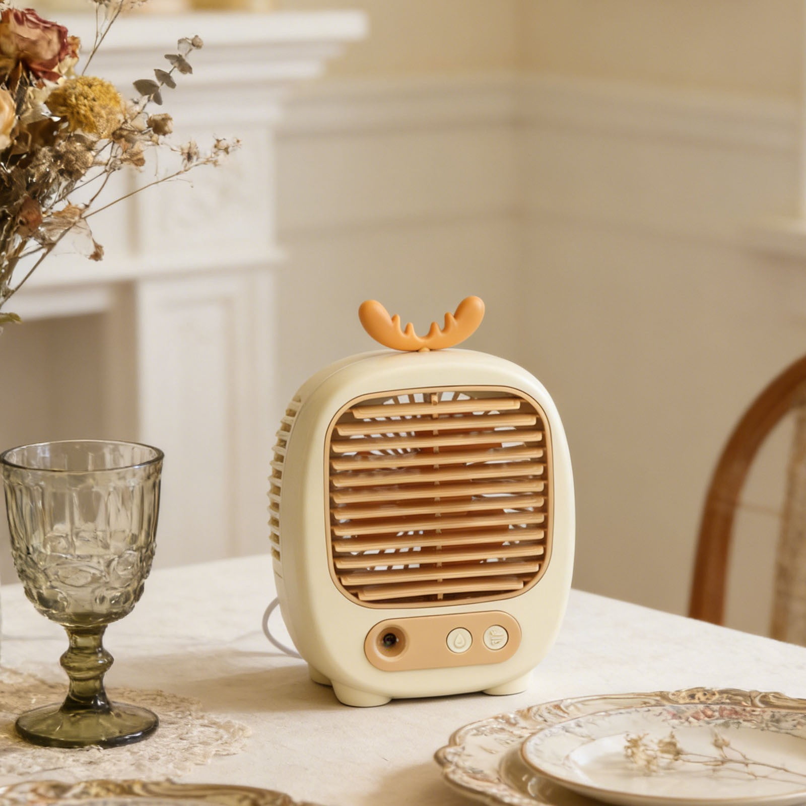 Cute Antler Design Portable Evaporative Air Cooler, 3-in-1 Mist Humidifier Desktop Fan for Home & Office