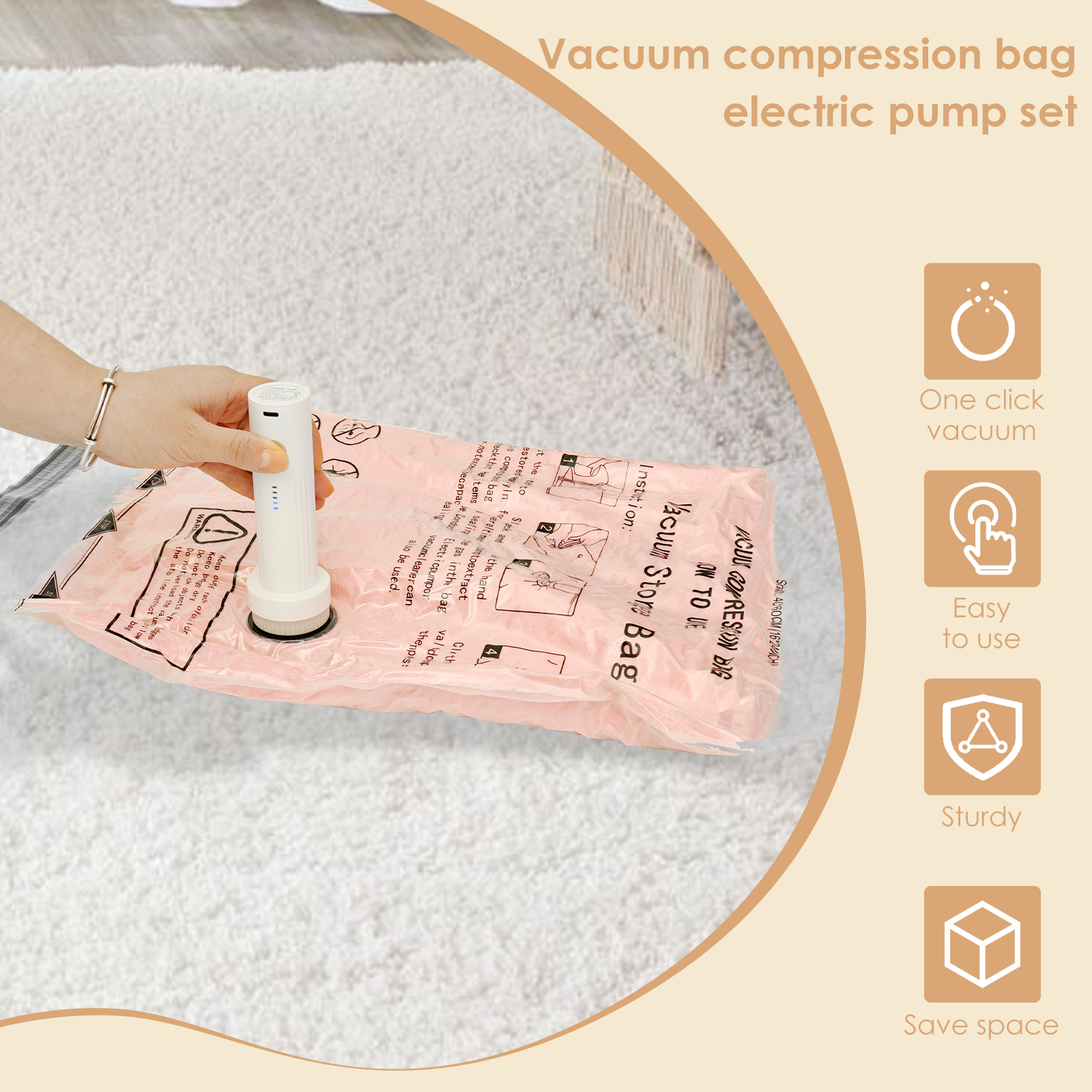 Vacuum Bag with Electric Pump Rapid Compression 8 Pack Triple Seal Compression Bag with Double Zipper Lock for Luggage and Suitcase