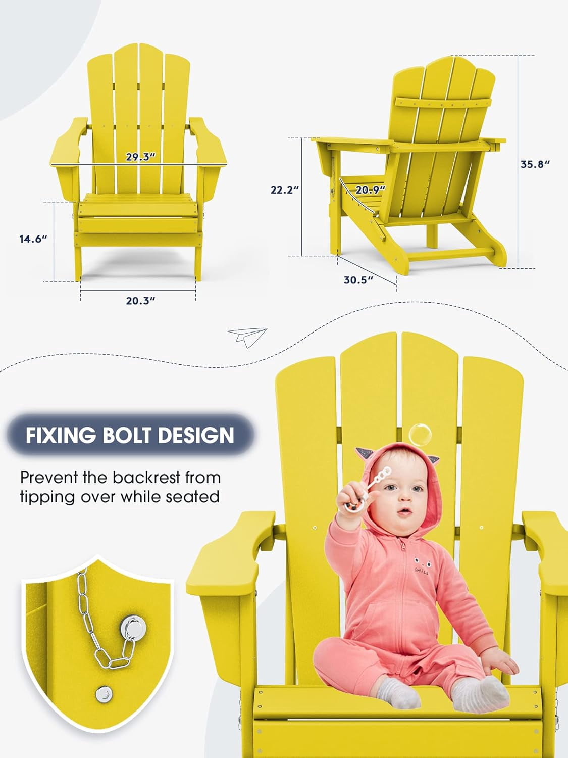 SONGMY Folding Adirondack Chair, HDPE All-Weather Patio Chairs, Wooden Textured Lawn Chair for Poolside, Backyard, Deck, Fire Pit, Yellow