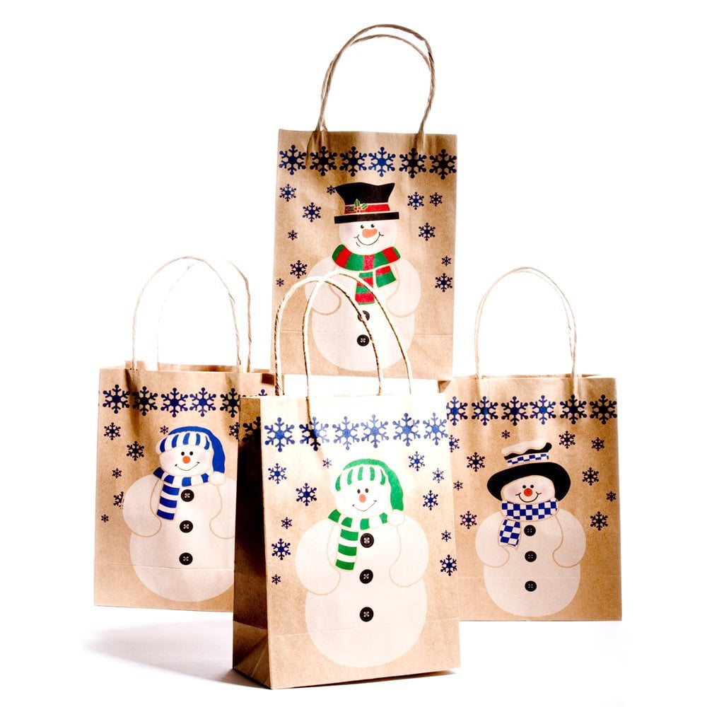 Medium Paper Snowman Gift Bags, 12 brown paper snowman