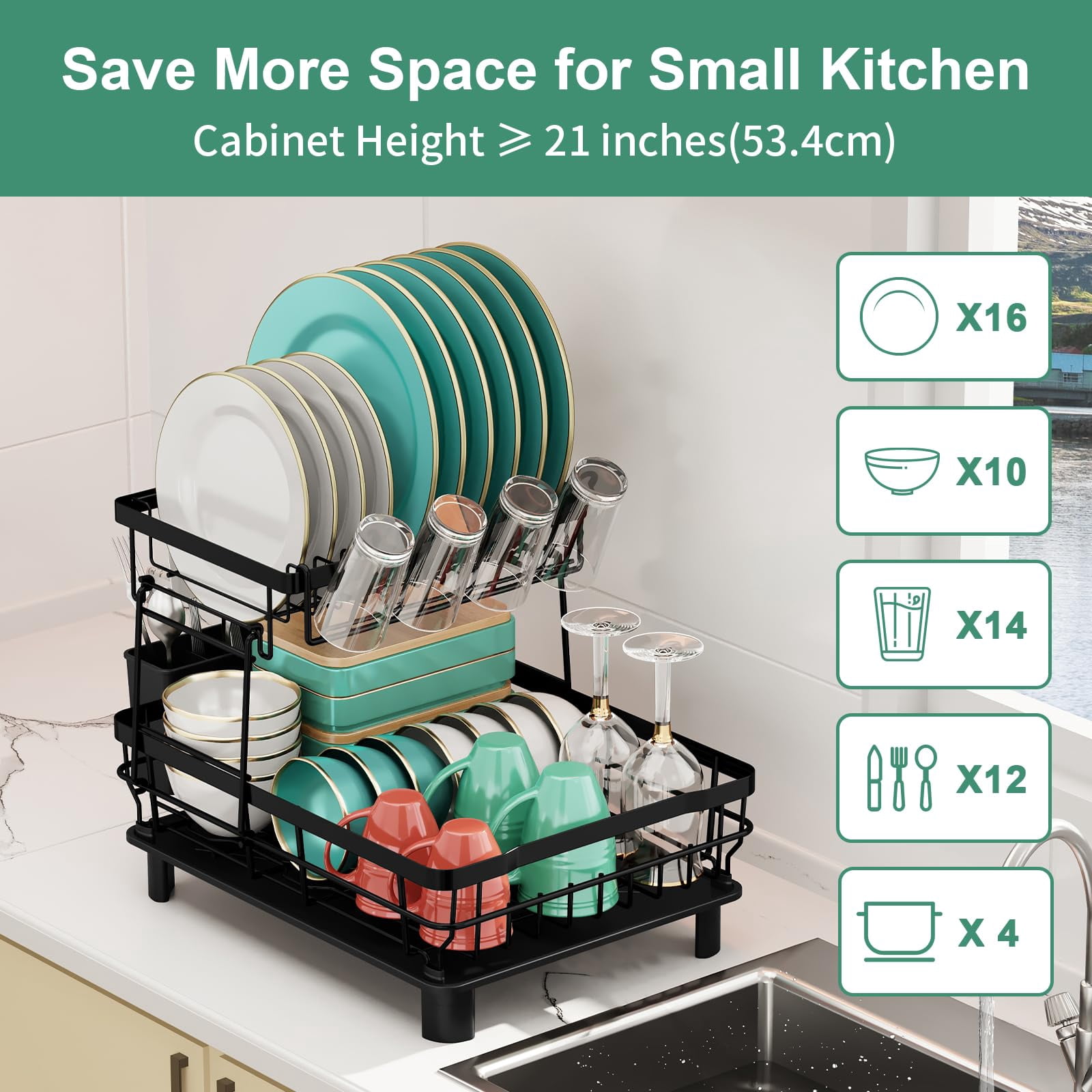 Dish Drying Rack  Stainless Steel Racks For Kitchen Counter Drainer With Removable Utensil Holder Drainboard (black 2 Tier 13''w X 17''l)