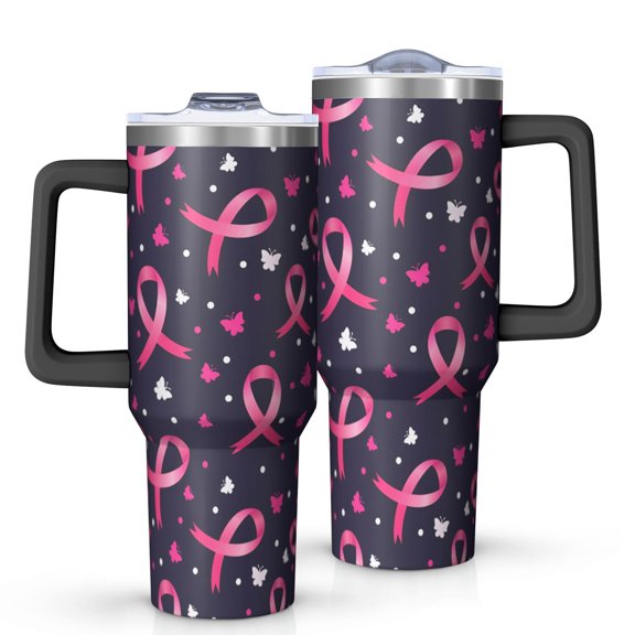 Pink Breast Cancer Tumbler with Handle and Lid,40oz Double Wall Vacuum Insulated Tumbler,Cups Gift for Women and Men