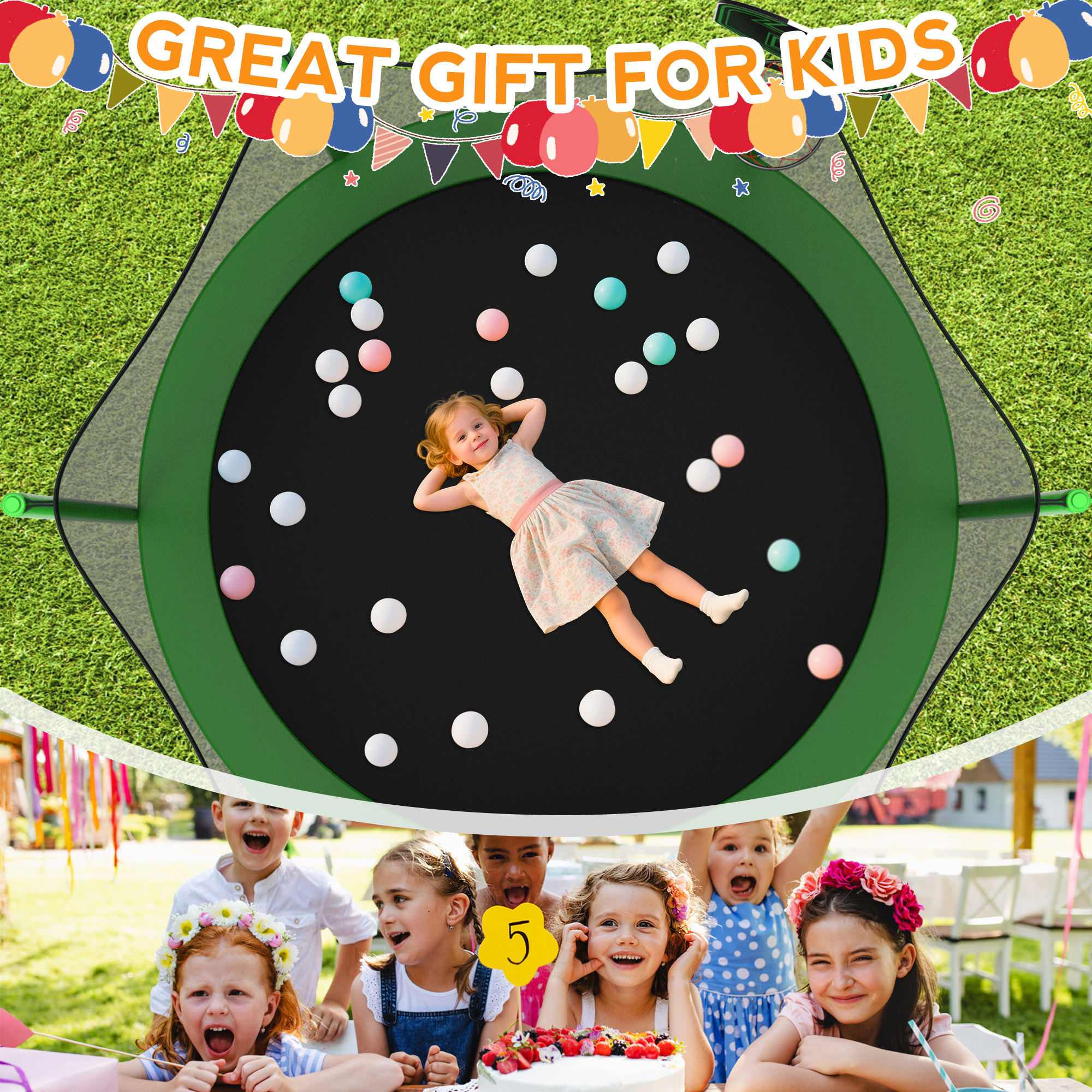 KOFUN 1000LBS 10FT Trampoline for Kids and Adults Outdoor Backyard Trampoline with Safety Enclosure Net, Basketball Hoop, 3 Anchor Kits, Ladder, A Ball, Green