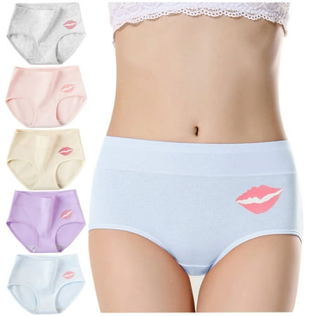 

Qcmgmg Women s Low Waisted Cotton Panties Breathable Lip Print Underwear Stretch Soft Briefs 5 Pack XL