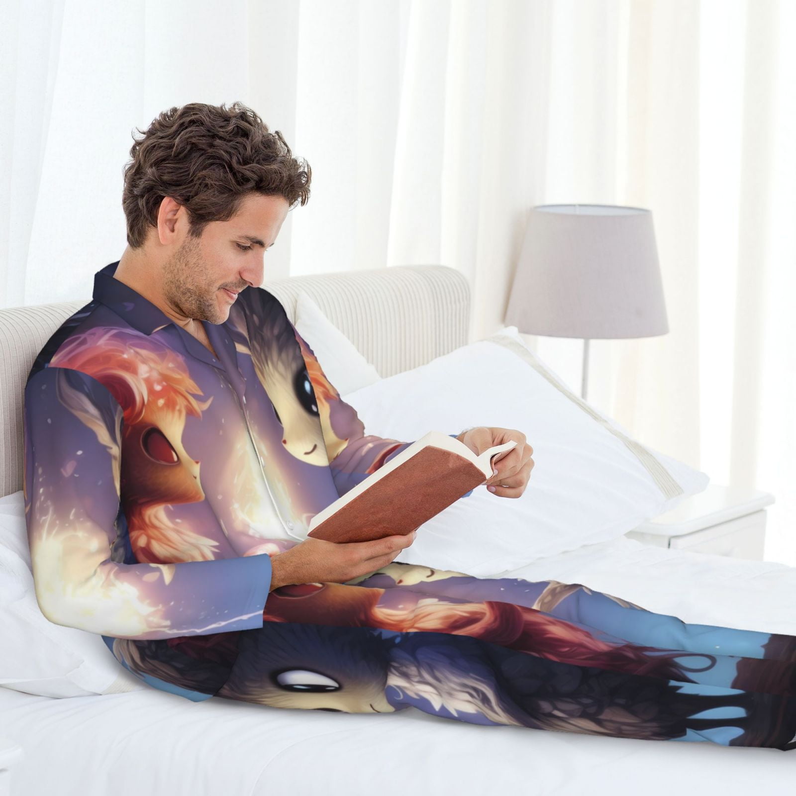 Logiee Dreamy Forest Elf Print Mens Long Sleeve Pajama Set,Notched Collar Pajamas for Men, Men's Sleepwear,Mens Sleepwear with Pockets & Button Down-Large