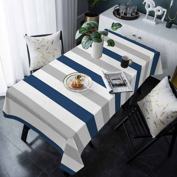 Navy Blue Striped Tablecloth Rectangle Table Cloths 54x108 , Waterproof Tablecloth Outdoor Table Cloth, Geometric Grey White Vertical Stripes Washable Table Cover for Kitchen Dining Party