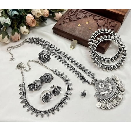 German silver combo of long chain pendant set with matching choker , jhumkas , ring , toe ring nosepin and bangles