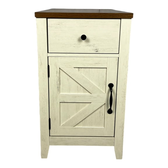 Farmhouse End Table with Charging Station, Nightstand with Barn Door and Drawer, Bedside Table for Bedroom Living Room, Brown White MDF, 13.78D x 23.62W x 23.62H