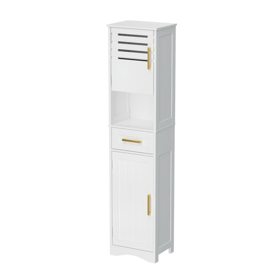 Tall Bathroom Floor Storage Cabinet,Narrow Slim Freestanding Cabinet with 1 Drawer and 2 Doors Storage Cabinet with 5 Adjustable Height Shelf, 15 x 12 x 67Inches, White
