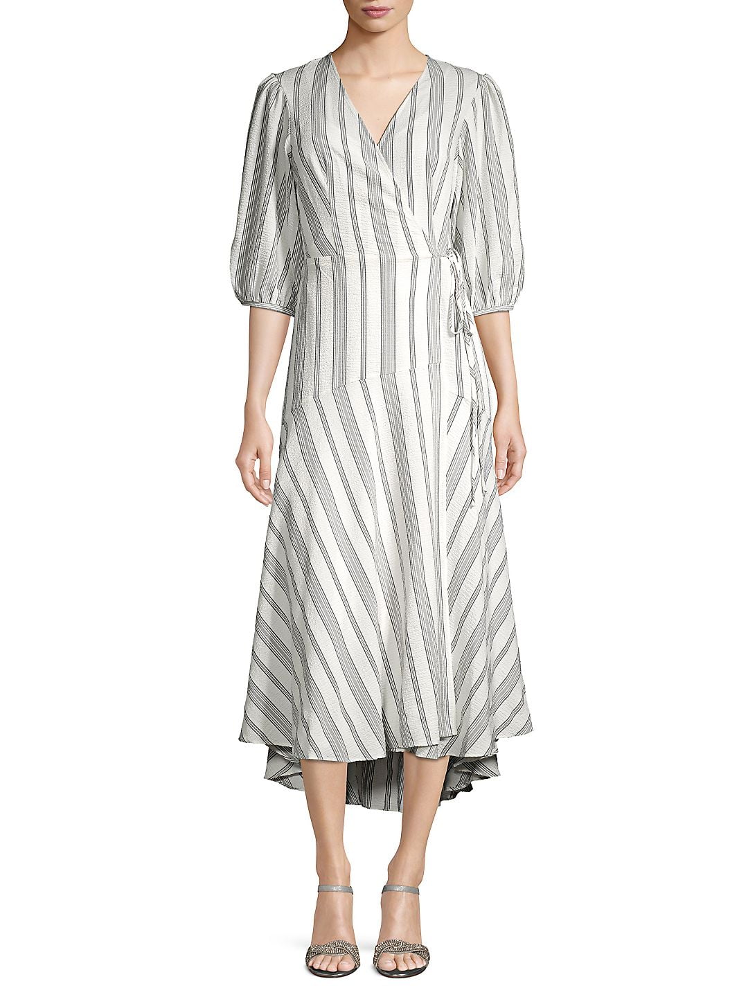 CALVIN KLEIN Womens White Striped 3/4 Sleeve Maxi Wrap Dress Size: 6 -  