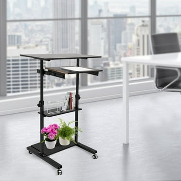 Rolling Laptop Desk Office Adjustable Height Table Stand Up Workstation Black
