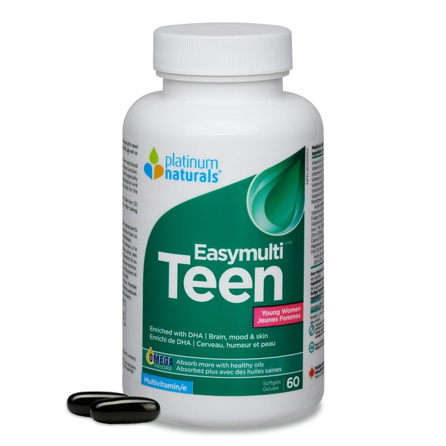 Platinum Naturals Easymulti Teen para mujeres j�venes, 60 c�psulas blandas, multivitam�nico completo con hierro, vitaminas B6 y B12, D3 y calcio. Fav