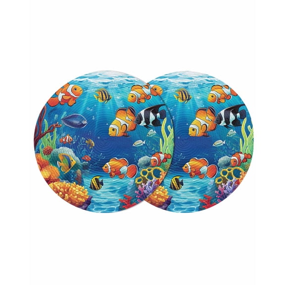 Ocean Coral Fish Round 13 Inch Placemats Set of 2, Colorful Underwater World Seagrass HeatResistant Non Slip Place Mats for Dining Table, Wipeable Braided Kitchen Table Mats for Housewarming