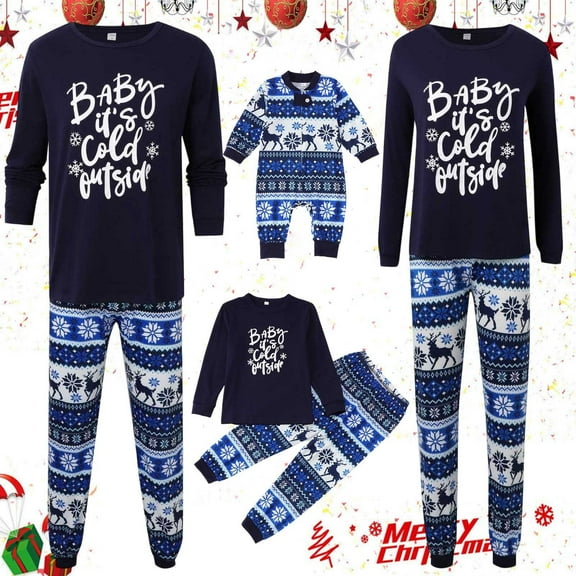 WeeBloom Christmas Pajamas Family Matching Tops and Pj Pants Set Xmas Outfit Mom Printed Home Clothes Long Sleeve Top Trousers Two Piece Set,Loungewear Nightwear Pjs For Women Mom Blue
