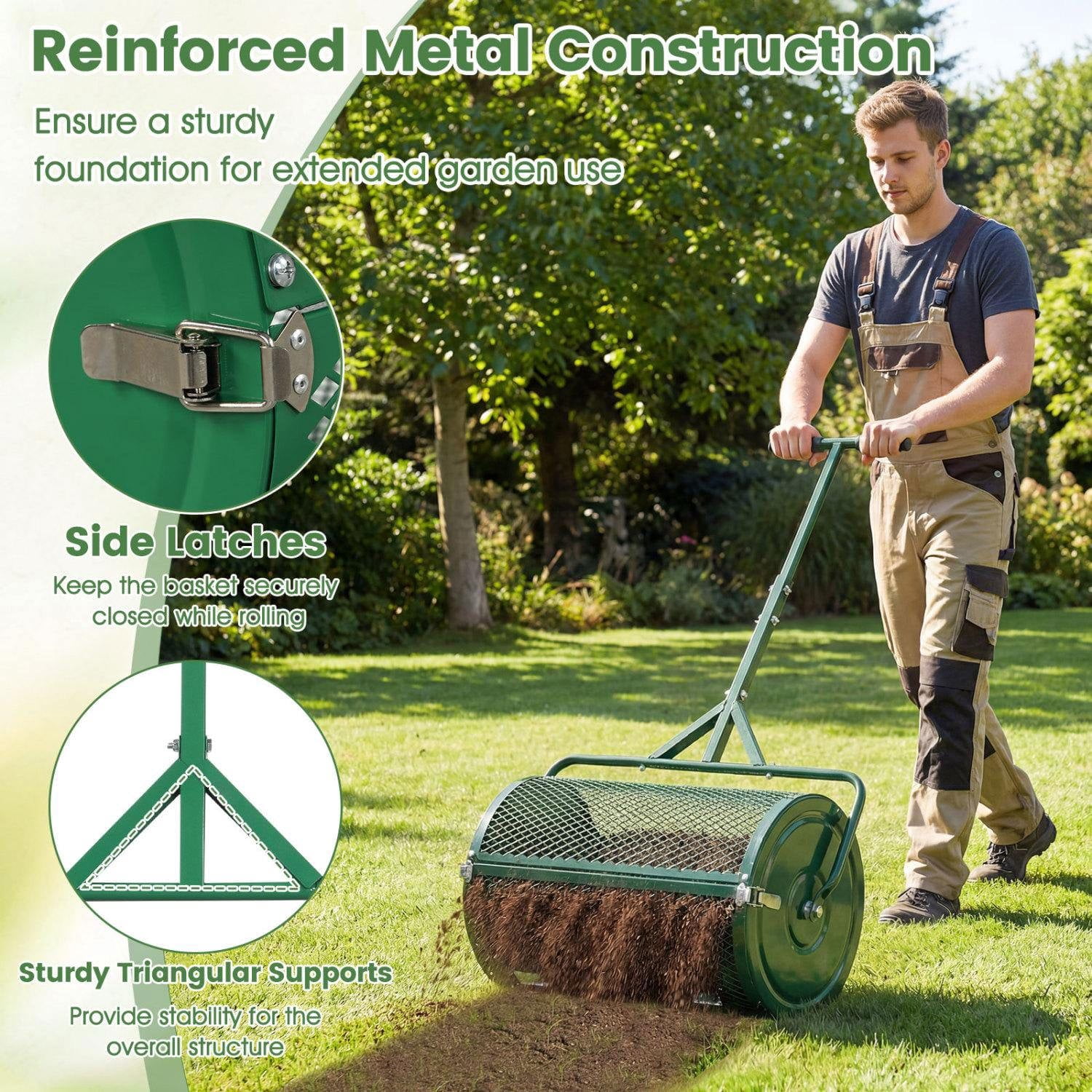 Resenkos 24 Inch Heavy Duty Peat Moss Spreader Roller, Height Adjustable T Handle Lawn Compost Spreader for Topsoil Sand and Lawn Care, Green