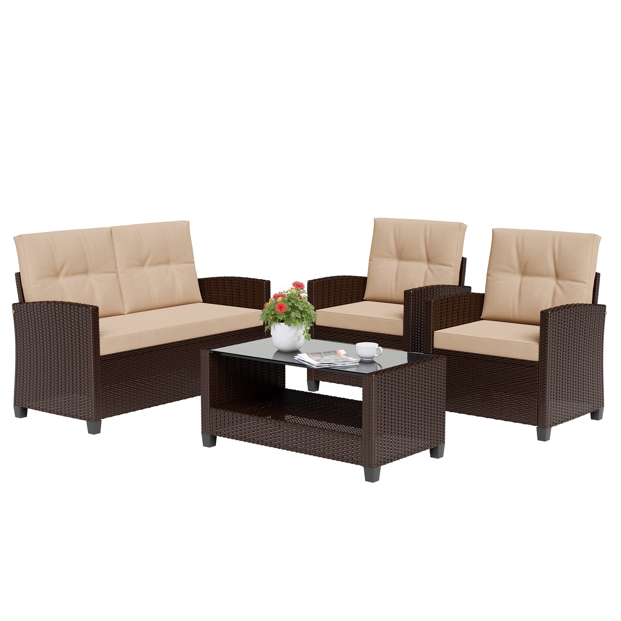 Walsunny 4 Pieces Outdoor Sectional Conversation Wicker Patio Furniture Set with Cushion Table for Backyard,Porch,Garden,Poolside Balcony,Gray