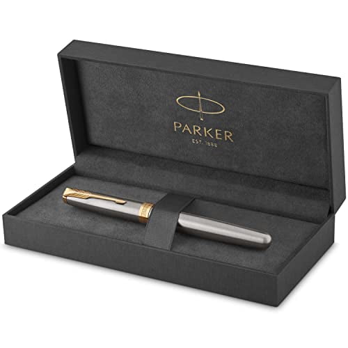 PARKER Sonnet Fountain Pen, Stainless Steel with Gold Trim, Medium Nib (1931505), Stainless Steel and Gold