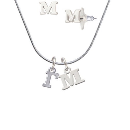 Small Greek Letter – Gamma – – M Initial Charm Necklace and Stud Earrings Jewelry Set
