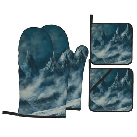 

Oven Mitts and Pot Holders 4 Piece Mysterious Moonlit Mountains High Heat Slip Resistant Oven Mitt and Trivets Set Kitchen Oven Glove Pot Holders for Cooking Baking Grilling